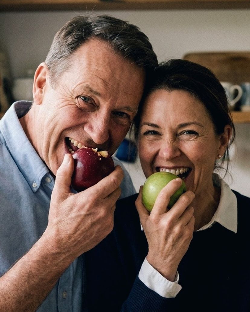 Paar beißt in einen Apfel
