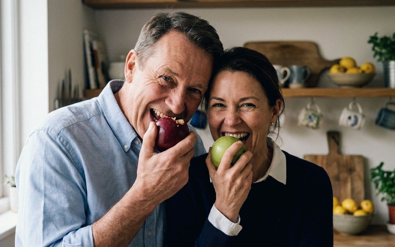 Paar beißt in einen Apfel